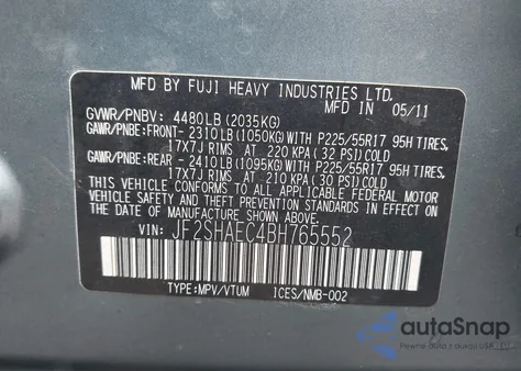 2011 Subaru Forester 2.5X Limited z USA, uszkodzony, nr VIN JF2SHAEC4BH765552